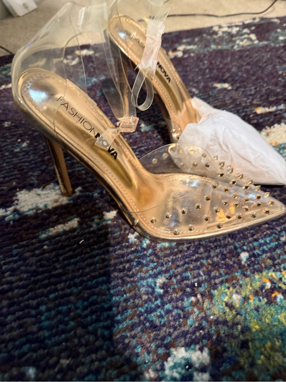 Fashion Nova Clear Heels with Gold Stud Accents